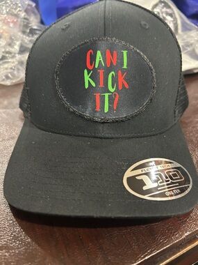 Can I Kick It? Black Trucker Hat with Neon Text. Custom made !!!!!